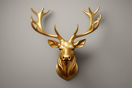 Golden deer head on a gray background. 3d render illustration.の写真素材