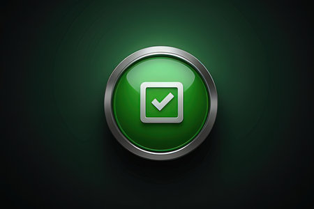 Illustration of a green button with a check mark on a dark backgroundの写真素材