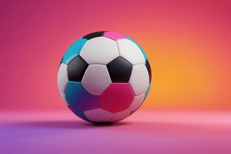 3d rendering of a soccer ball on a colorful gradient background.