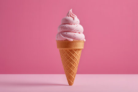 Pink ice cream in waffle cone on pink background. Minimal style.の写真素材
