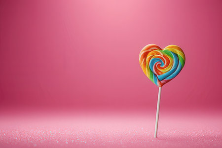 Colorful lollipop in the shape of a heart on a pink backgroundの写真素材