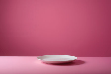 Empty white plate on pink background. Minimal style. 3d render