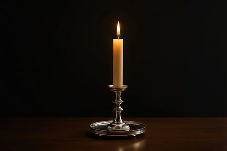 Burning candle on wooden table against dark background, space for textの写真素材