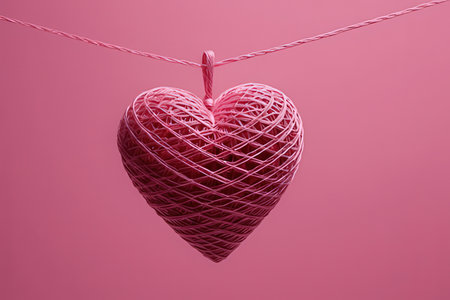 Red heart hanging on a rope on a pink background, valentine's dayの写真素材