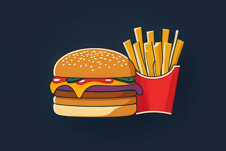 Illustration of a hamburger and french fries on a dark backgroundの写真素材