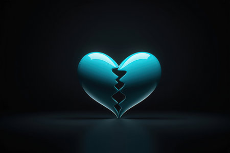 Broken heart on dark background. 3D rendering. Neon light.の写真素材