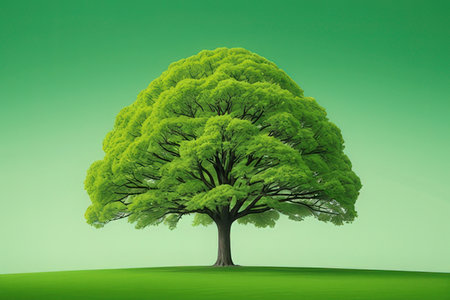 Big green tree on green meadow. 3d render illustration.の写真素材