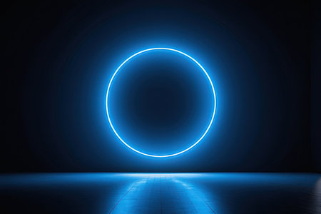 Neon circle in dark room with blue light. 3D Rendering