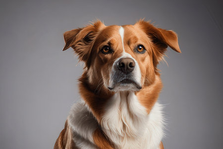 Portrait of a red and white border collie dog on gray backgroundの写真素材