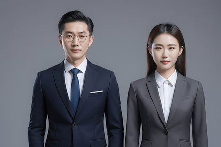 Portrait of Asian male and female business team isolated on gray backgroundの写真素材