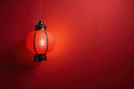 Red chinese lantern hanging on red wall with copy space for textの写真素材