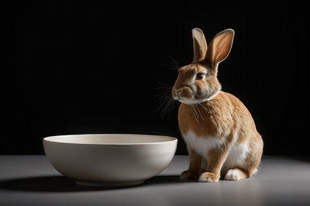 Cute rabbit and bowl on black background. Pet food concept.の写真素材
