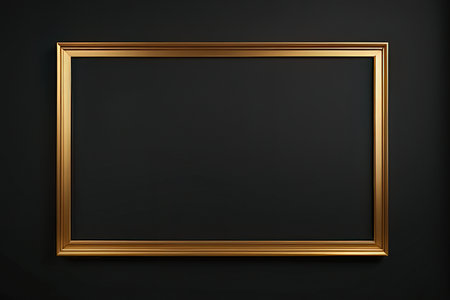blank golden frame on black wall, 3d render illustration mockupの写真素材