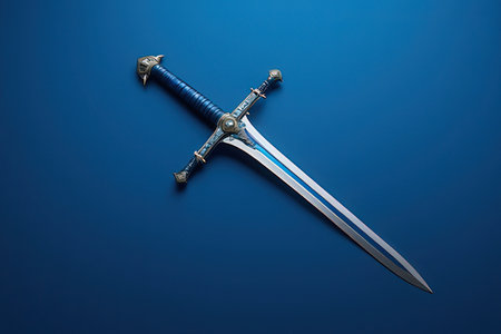 Medieval sword on a blue background. 3d render illustration.