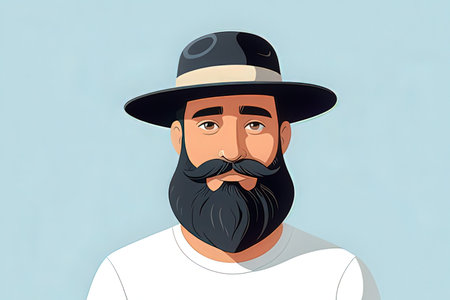 Vector illustration of a bearded man in a hat and white shirt.の写真素材