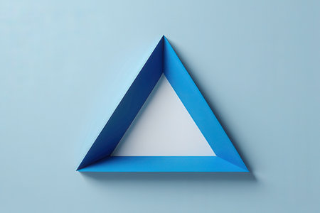 Blue triangle shape on blue background, 3d rendering. Computer digital drawing.