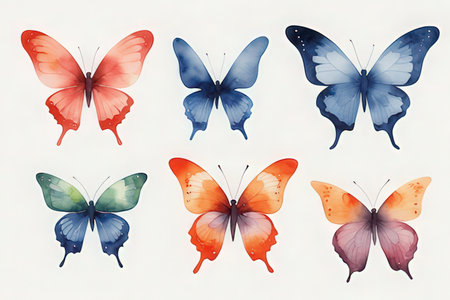 Set of colorful butterflies on a white background. Watercolor illustration.の写真素材