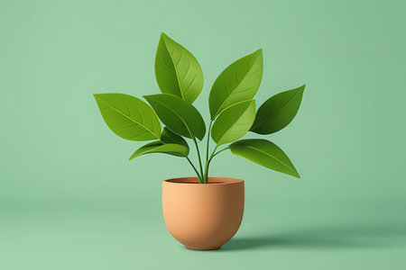 3D rendering of a green plant in a pot on a green backgroundの写真素材