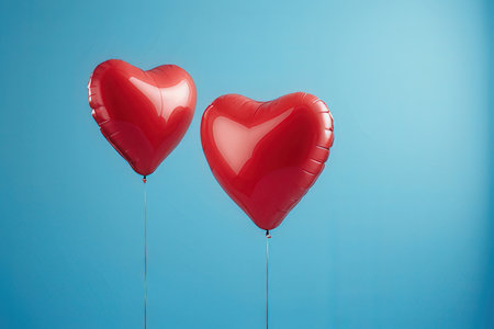 Two red heart-shaped balloons on blue background. Valentines day concept.の写真素材