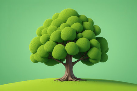 Green tree on a green background. 3d rendering. Computer digital drawing.の写真素材