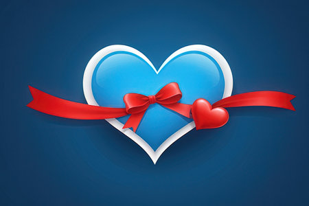 Valentines day card with heart and red ribbon on blue backgroundの写真素材