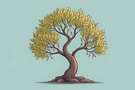 Illustration of olive tree on blue background. Hand drawn vector illustration.