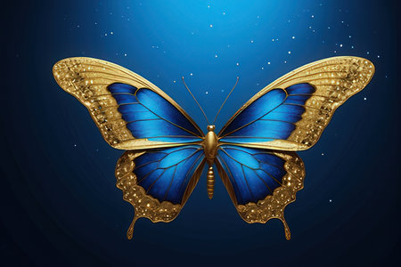 Beautiful butterfly on a blue background with stars. Vector illustration.