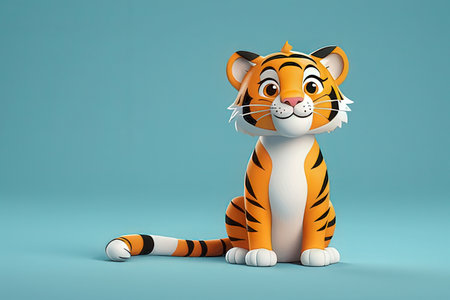 Cute cartoon tiger sitting on blue background. 3D rendering.の写真素材