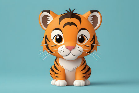 Cute cartoon tiger on a blue background. 3d rendering.の写真素材