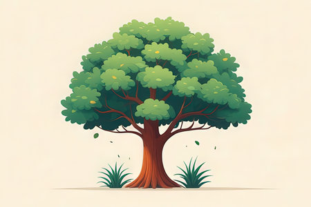 Big tree with green leaves and grass. Vector illustration in cartoon style.の写真素材