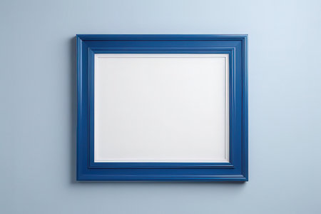 Blue picture frame on blue wall. 3d render. Mockupの写真素材