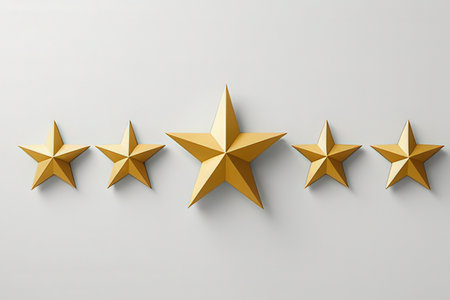 Five golden stars on a white background. 3d rendering, 3d illustration.の写真素材
