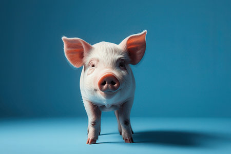 Studio portrait of a cute little pig on a blue background. The concept of the year of the pig.
