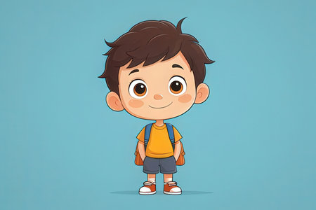 Cute little boy with backpack. Vector illustration of a cartoon character.の写真素材