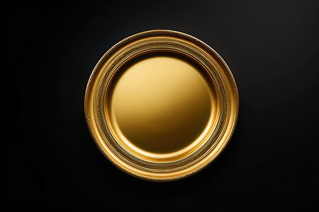 Golden round plate on black background. Top view. 3d renderingの写真素材