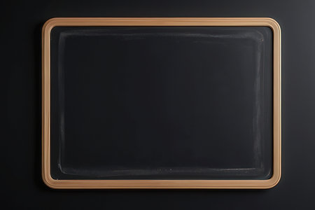 Empty blackboard with wooden frame isolated on black background, top viewの写真素材