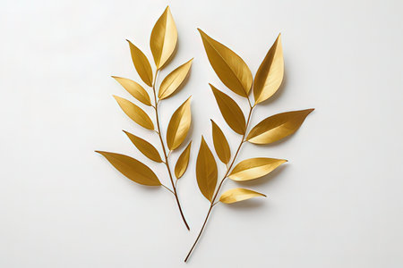 Golden leaves on a white background. Flat lay, top view.