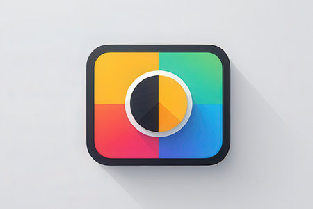 Colorful camera icon with long shadow on gray background. Vector illustration.の素材