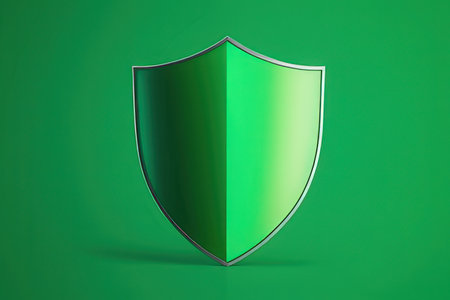 Green shield on a green background. 3d rendering. Computer digital drawing.の素材