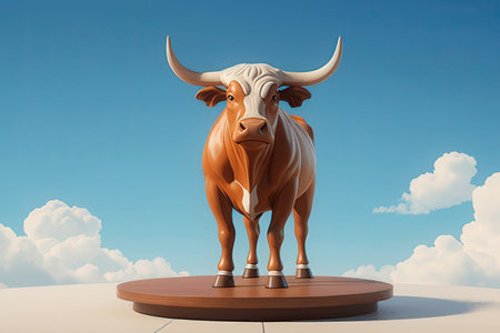 Bull on a pedestal with blue sky background. 3d renderingの素材