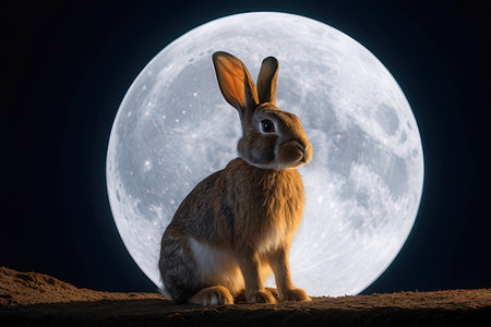 Rabbit sitting in front of the full moon. 3d renderingの素材