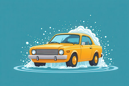 Car in water. Vector illustration of a yellow car in water.の素材