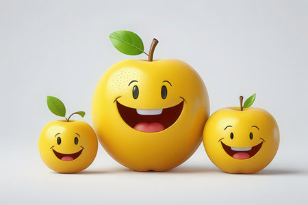 Yellow apple with smiley faces on white background. 3d illustrationの素材