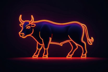 Illustration of a neon sign of a bull on a dark backgroundの素材