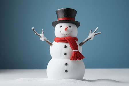 Snowman with red scarf and top hat on blue background with copy spaceの写真素材