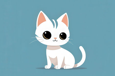 Cute cartoon white cat with big eyes on blue background. Vector illustration.の写真素材