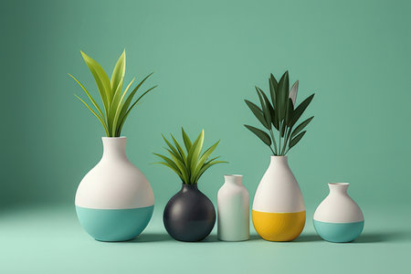 3d render of vases with plants on a green background.の写真素材