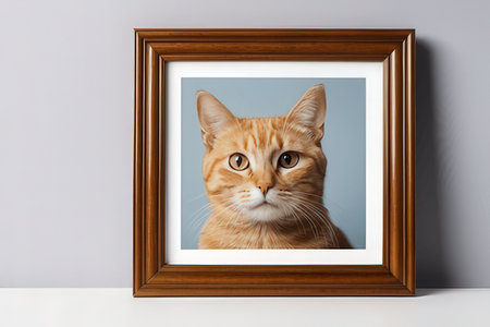 Portrait of a red cat in a photo frame on a white table