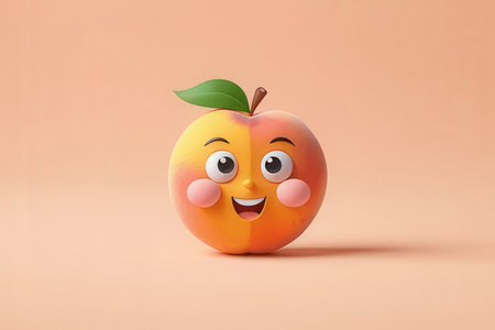 Mascot of peach with smiley face isolated on orange backgroundの写真素材