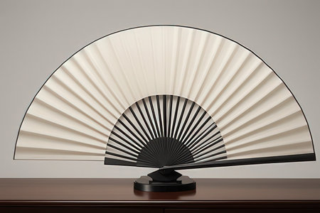 Folding fan on a wooden table. 3d render. Front view.の写真素材